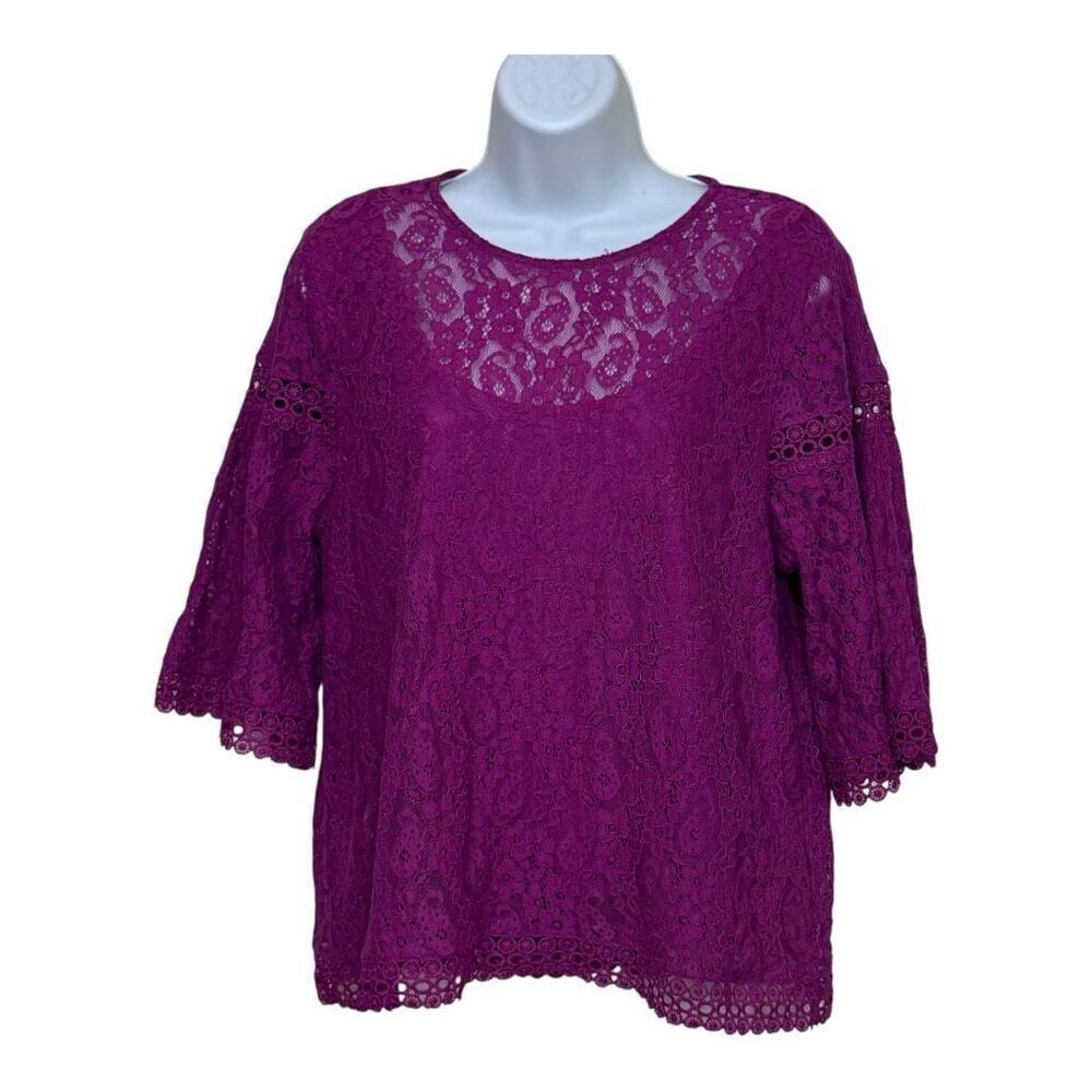 Laundry by Shelli Segal Small Bright Pink Sheer Floral Lace Lined‎ Dressy Blouse